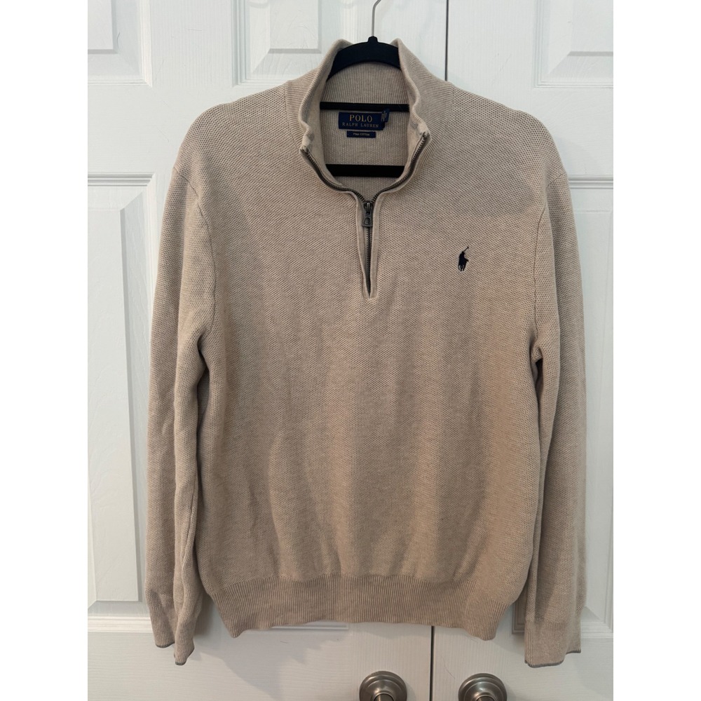 Polo Ralph Lauren Pima Cotton Quarter Zip Sweater Beige Tan LG Womens Large